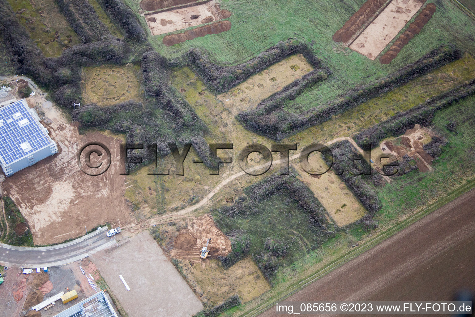 Vue oblique de Fouilles Zone Industrielle Ouest à le quartier Herxheim in Herxheim bei Landau dans le département Rhénanie-Palatinat, Allemagne