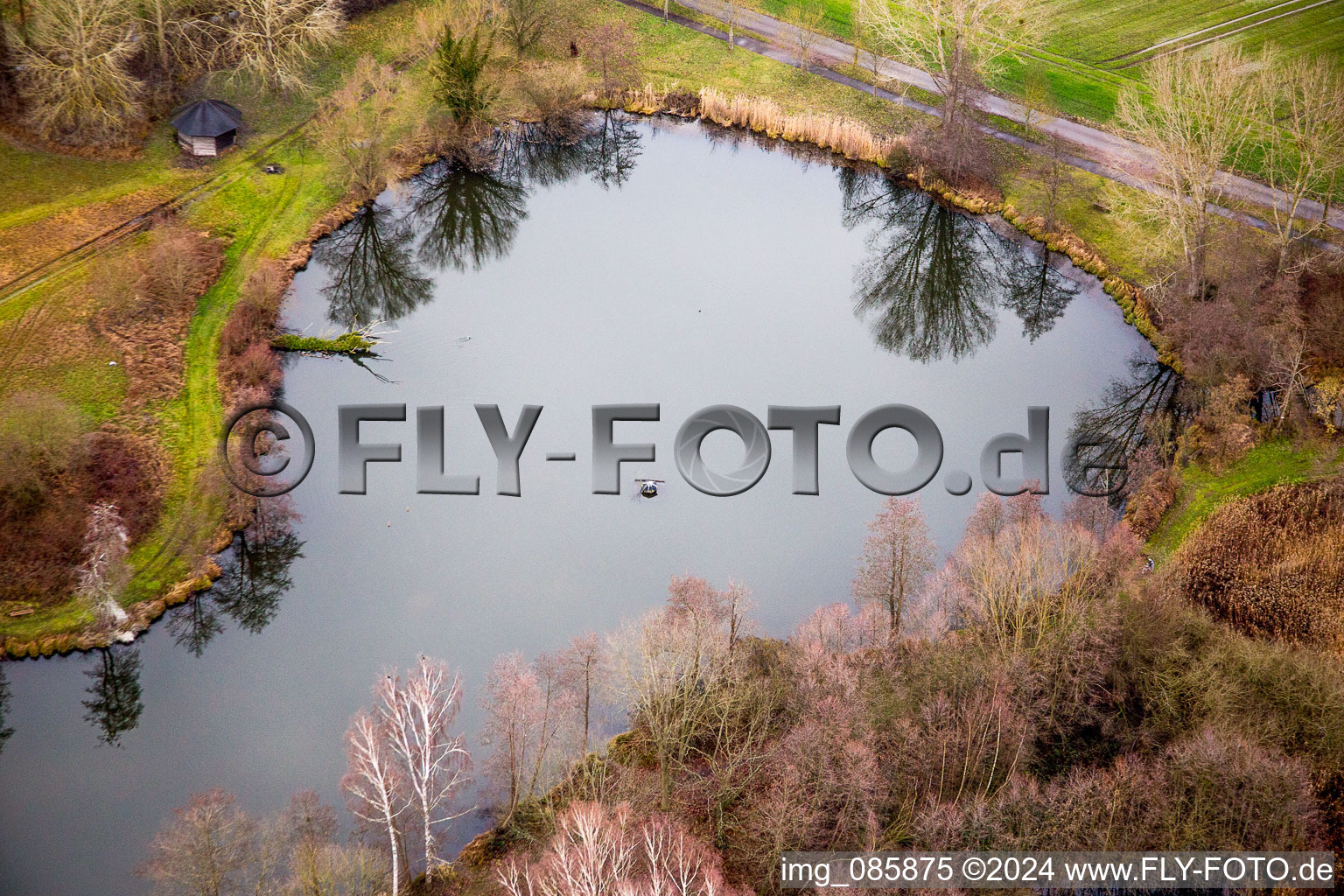 Vue aérienne de Étangs biotopes en hiver avec arbres en bord de rivière à Steinfeld dans le département Rhénanie-Palatinat, Allemagne