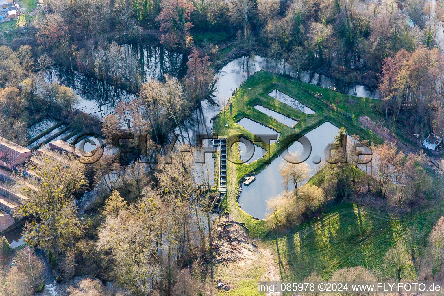 Vue aérienne de Rives des étangs piscicoles de la Lauter à Scheibenhard dans le département Bas Rhin, France