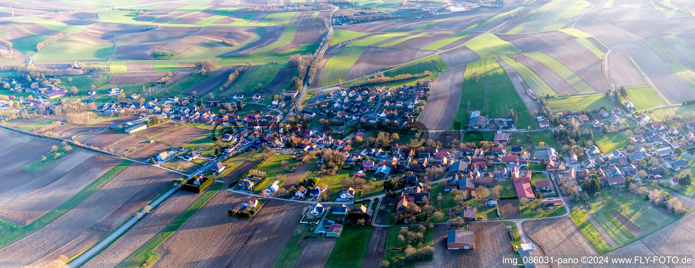 Vue aérienne de Champs agricoles et surfaces utilisables à Wintzenbach dans le département Bas Rhin, France