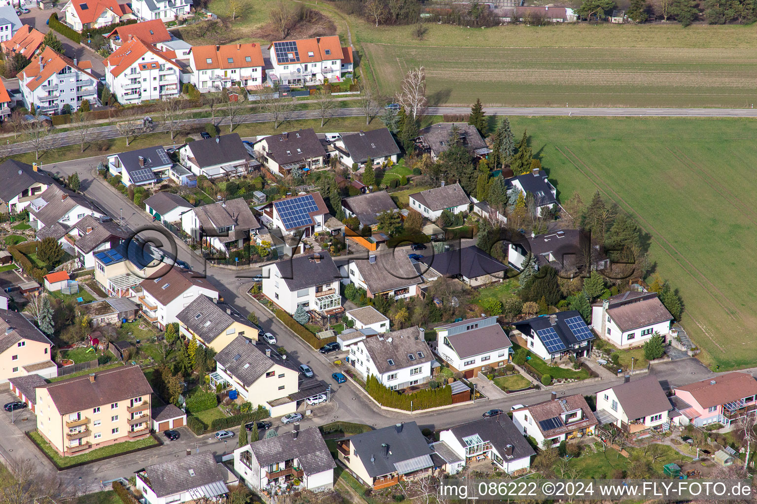 Vue aérienne de Chemin des lilas, chemin des violettes à le quartier Rußheim in Dettenheim dans le département Bade-Wurtemberg, Allemagne