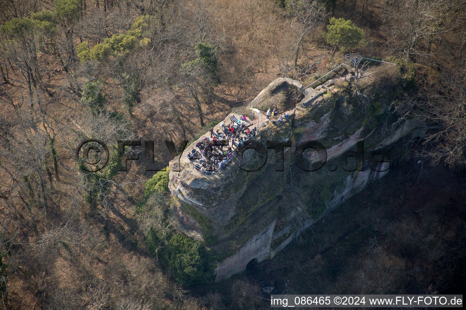 Vue aérienne de Groupe de randonnée sur les ruines de l'ancien château de Neukastel à Leinsweiler dans le département Rhénanie-Palatinat, Allemagne