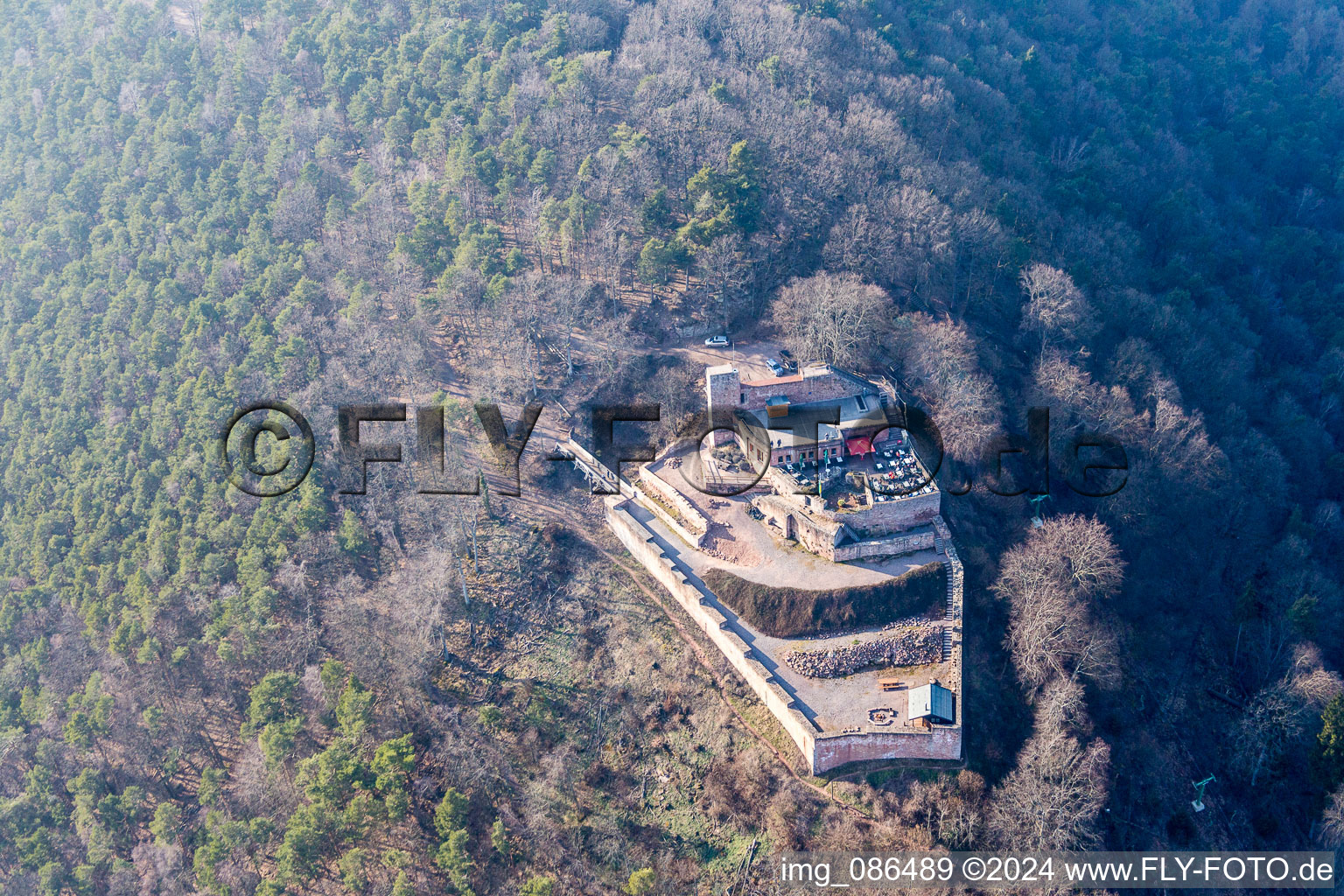 Vue aérienne de Complexe du château de la Veste Rietburg à le quartier Rhodt in Rhodt unter Rietburg dans le département Rhénanie-Palatinat, Allemagne