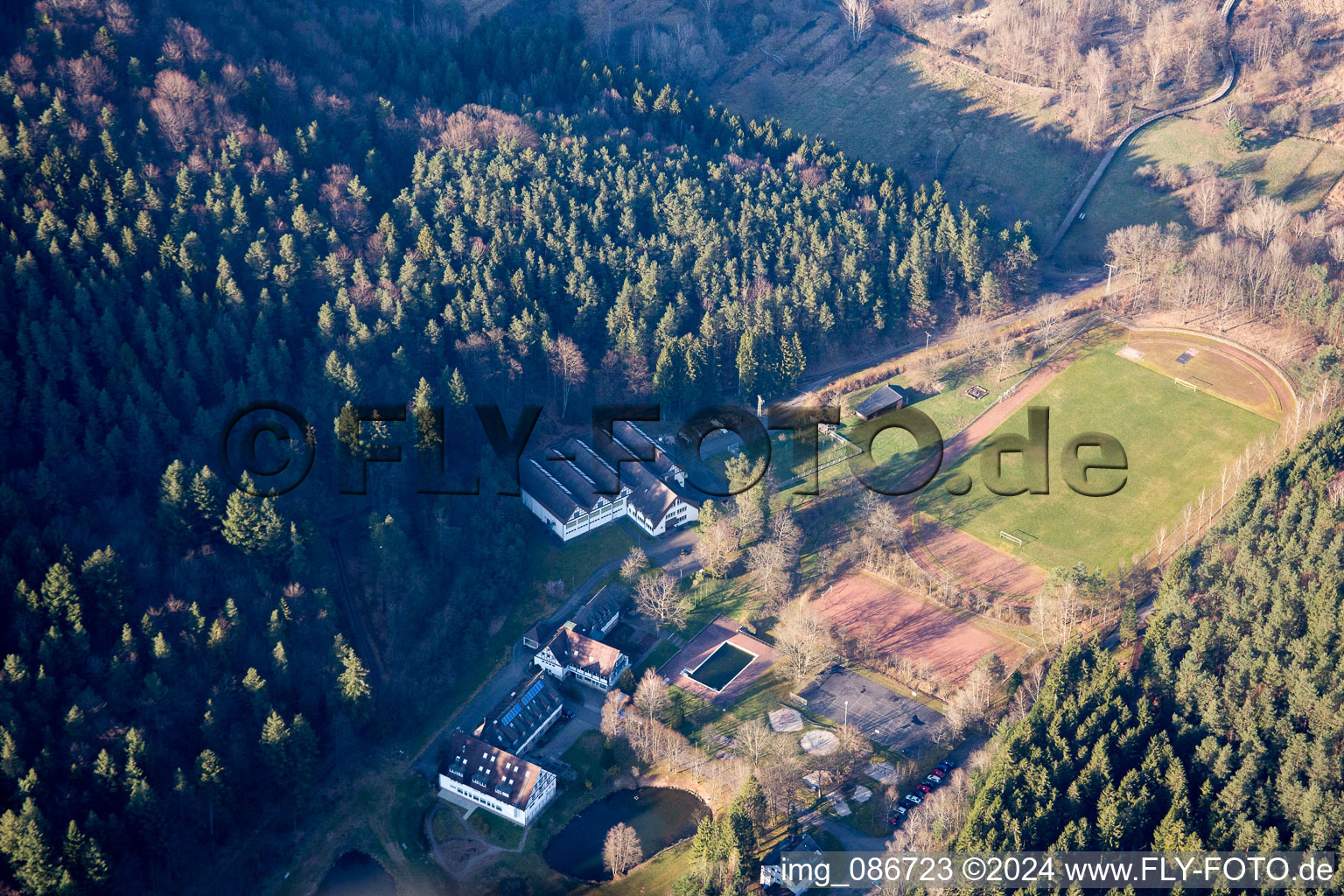 Vue aérienne de Terrain de sport à Heilsbach à Schönau dans le département Rhénanie-Palatinat, Allemagne