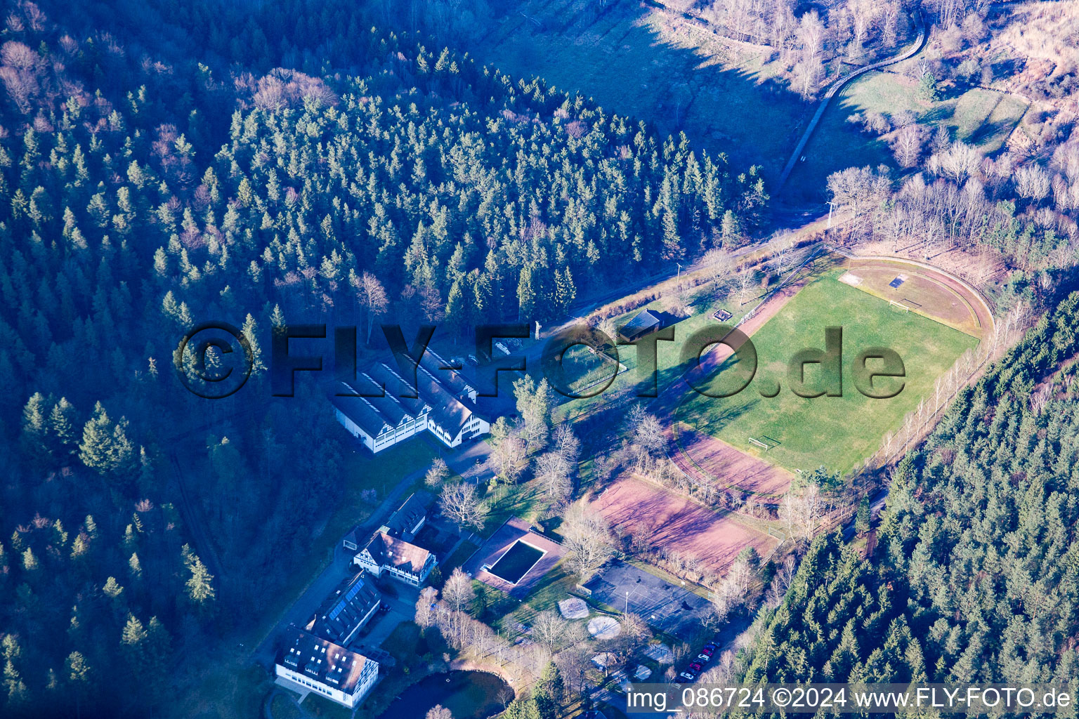 Vue aérienne de Terrain de sport à Heilsbach à Schönau dans le département Rhénanie-Palatinat, Allemagne