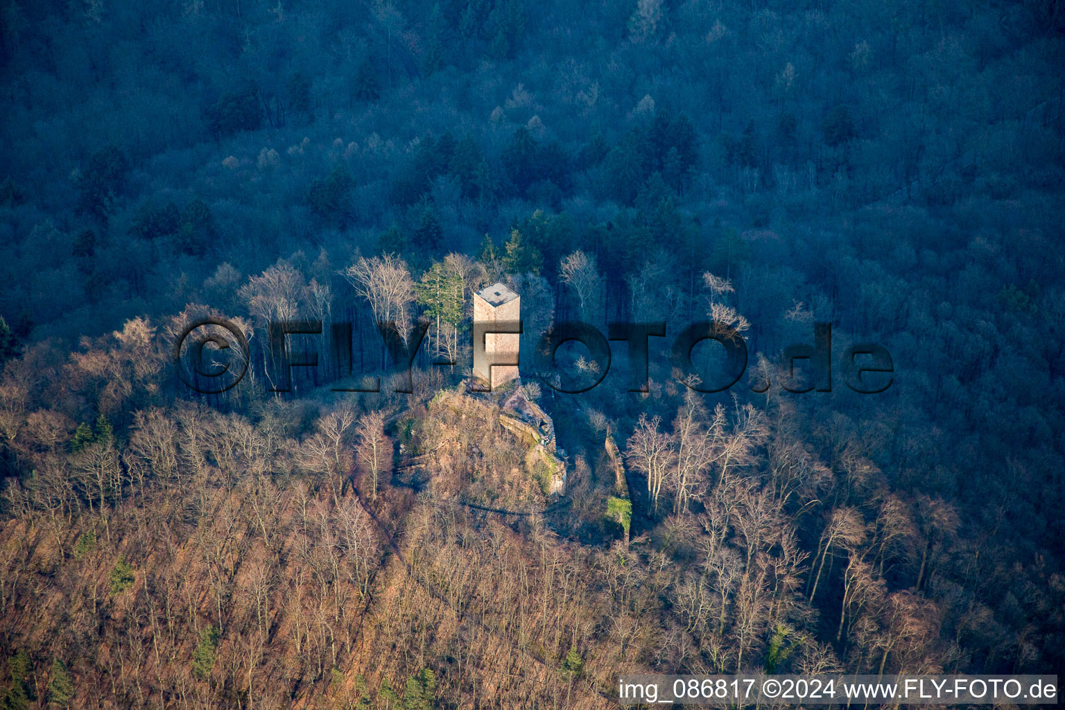 Vue oblique de Ruines du château de Scharfenberg, appelé « Münz à Leinsweiler dans le département Rhénanie-Palatinat, Allemagne