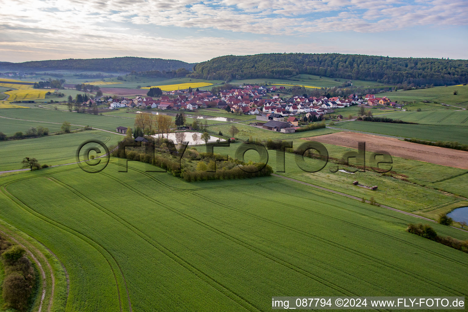 Vue aérienne de Hofsee depuis l'est à le quartier Geusfeld in Rauhenebrach dans le département Bavière, Allemagne