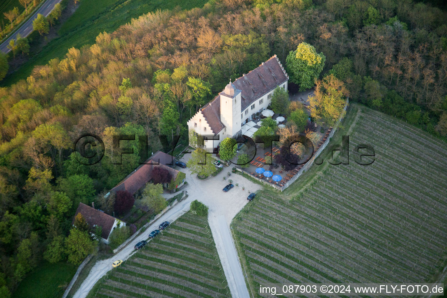 Vue aérienne de Complexe du château de Hallburg Castle Vinothek avec vignobles à Volkach dans le département Bavière, Allemagne