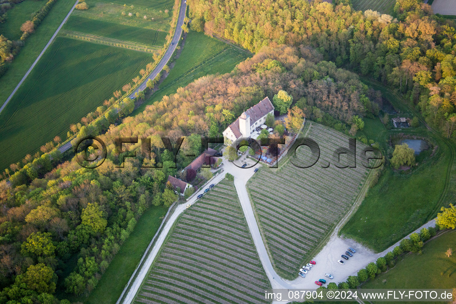 Photographie aérienne de Complexe du château de Hallburg Castle Vinothek avec vignobles à Volkach dans le département Bavière, Allemagne