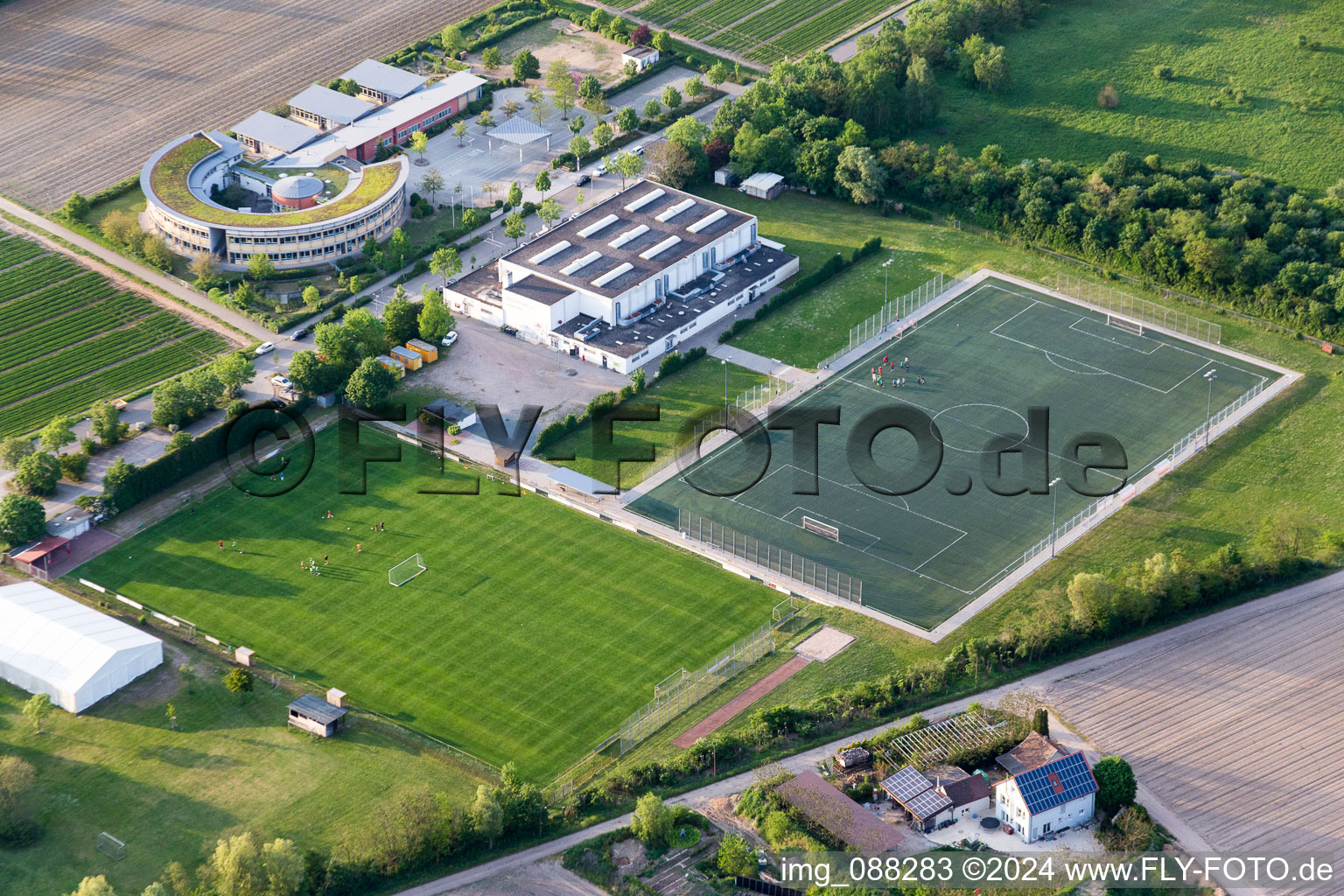 Vue aérienne de École Pestalozzi et terrain en gazon artificiel du Turnverein 1883 eV Lampertheim à Lampertheim dans le département Hesse, Allemagne