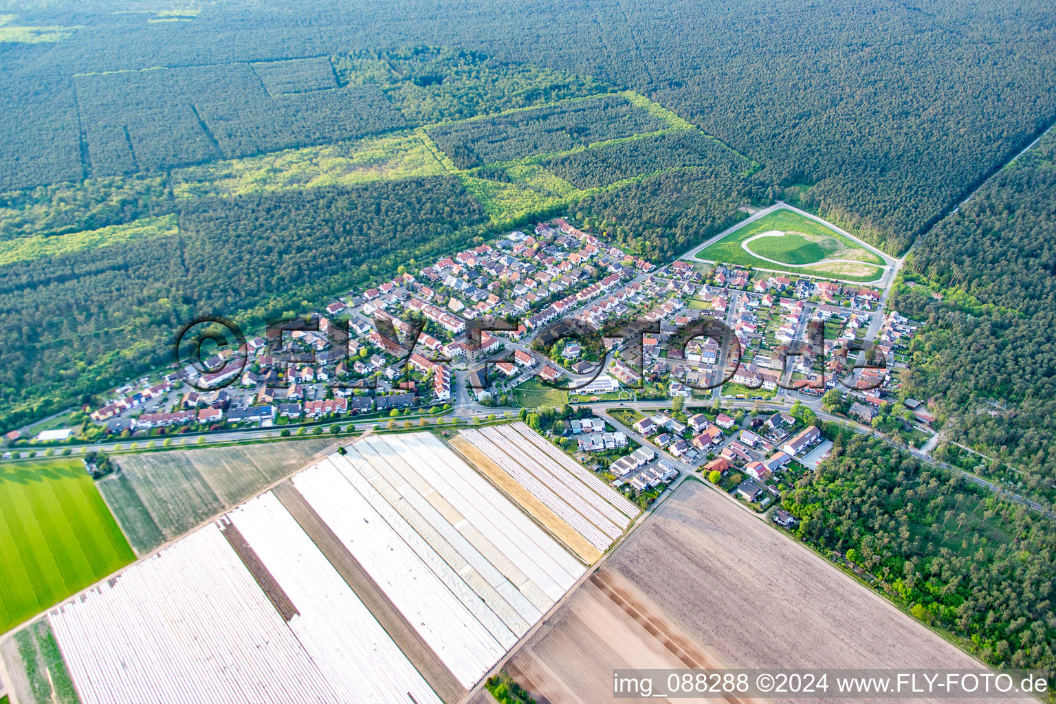 Vue aérienne de Du sud à le quartier Neuschloß in Lampertheim dans le département Hesse, Allemagne