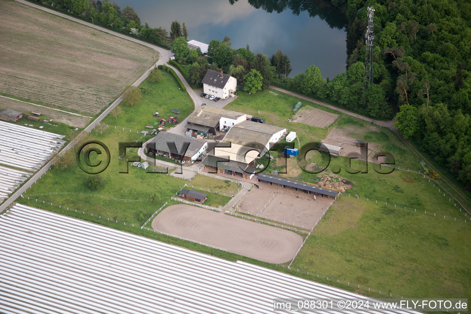 Vue aérienne de Boutique de la ferme Buchenhof à le quartier Hüttenfeld in Lampertheim dans le département Hesse, Allemagne