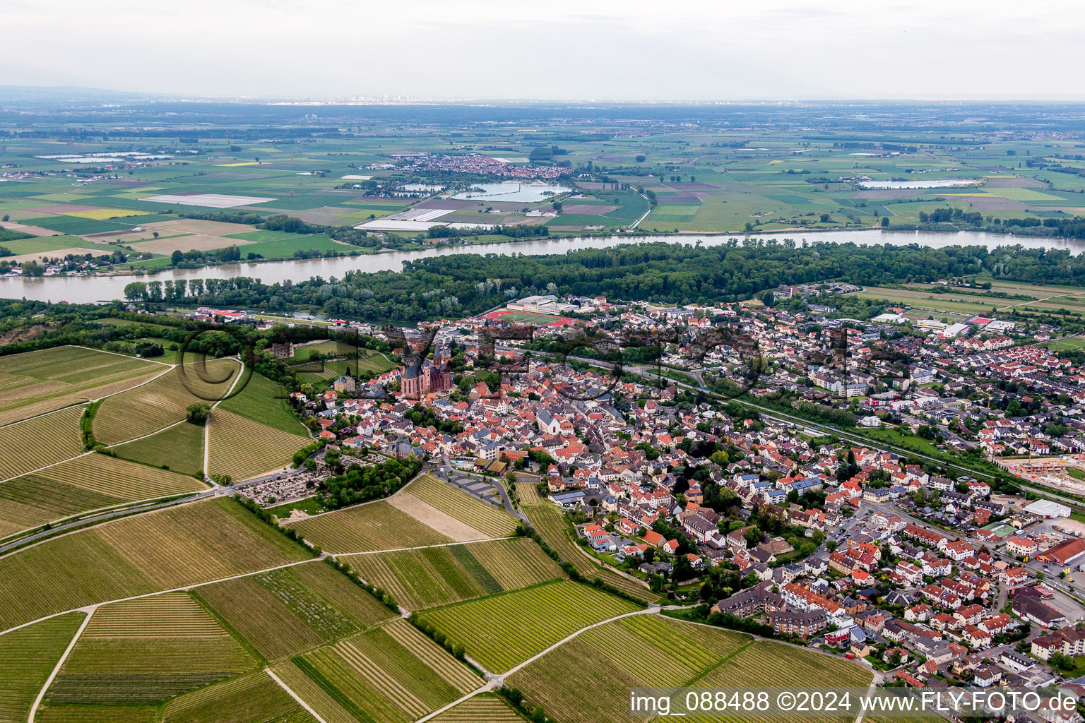 Vue aérienne de Village avec l'église Sainte-Catherine et le château de Landskron au bord du Rhin à Oppenheim dans le département Rhénanie-Palatinat, Allemagne