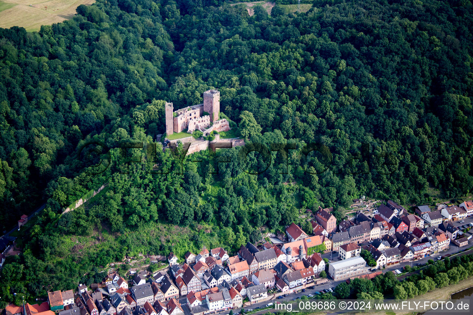 Vue aérienne de Ruines de l'ancien complexe du château de Henneburg sur les rives du Main à le quartier Hofthiergarten in Stadtprozelten dans le département Bavière, Allemagne