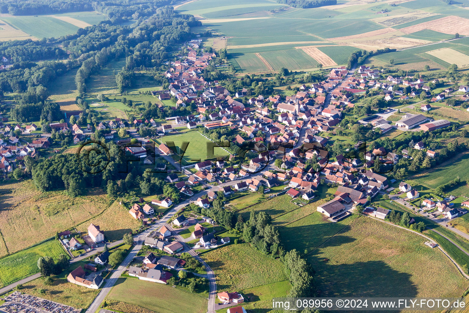 Vue aérienne de Champs agricoles et surfaces utilisables à Riedseltz dans le département Bas Rhin, France