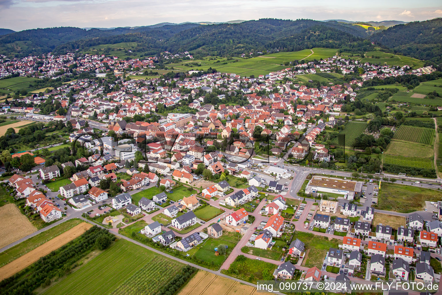 Vue aérienne de Vue des rues et des maisons des quartiers résidentiels à le quartier Großsachsen in Hirschberg an der Bergstraße dans le département Bade-Wurtemberg, Allemagne