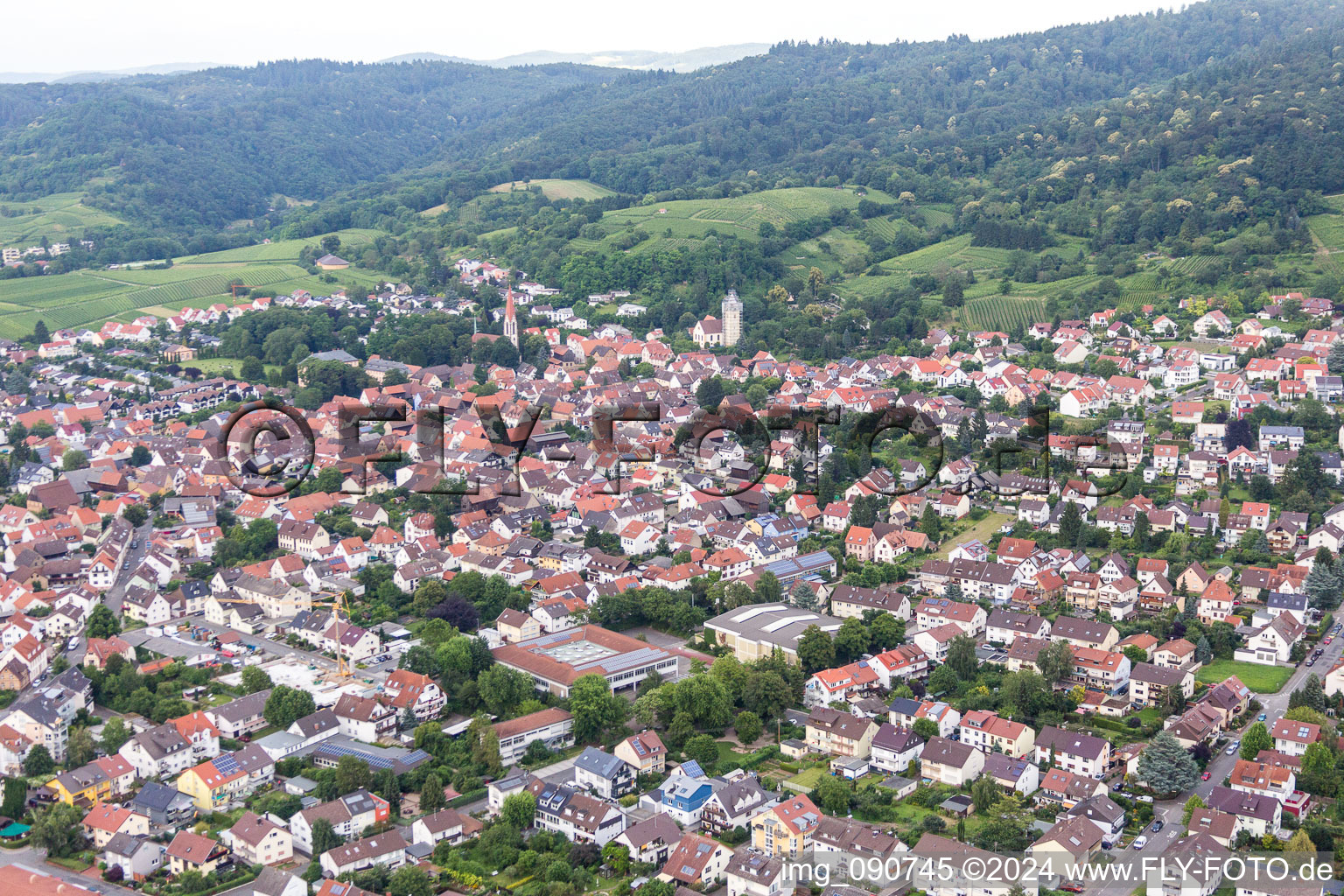 Vue aérienne de Vue des rues et des maisons des quartiers résidentiels à le quartier Leutershausen in Hirschberg an der Bergstraße dans le département Bade-Wurtemberg, Allemagne