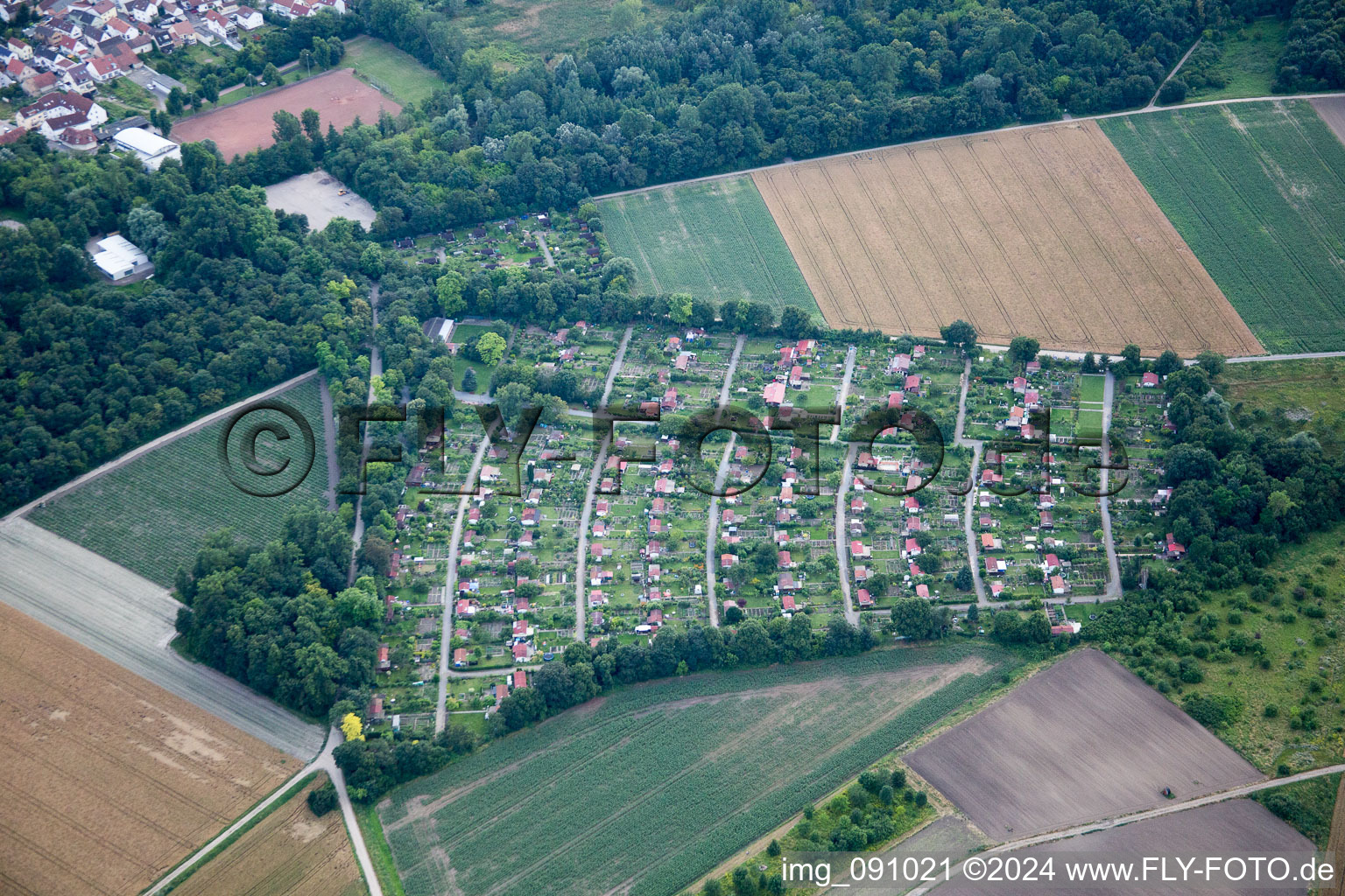 Vue aérienne de Espace jardin familial à le quartier Maudach in Ludwigshafen am Rhein dans le département Rhénanie-Palatinat, Allemagne