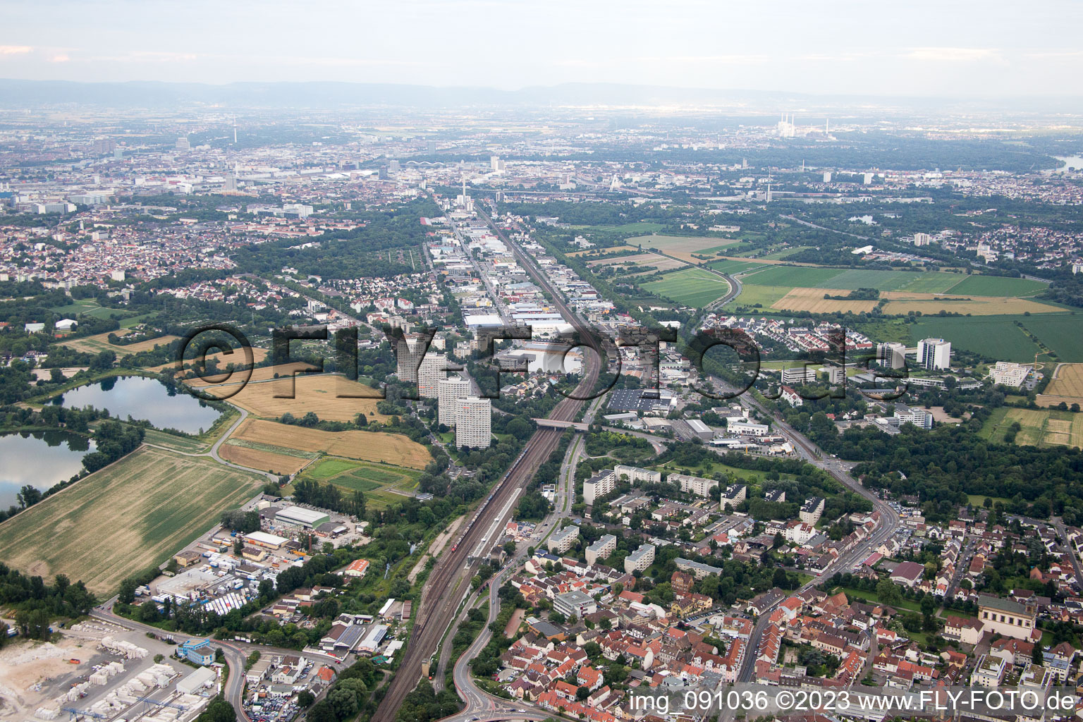 Vue aérienne de Rue industrielle à le quartier Friesenheim in Ludwigshafen am Rhein dans le département Rhénanie-Palatinat, Allemagne