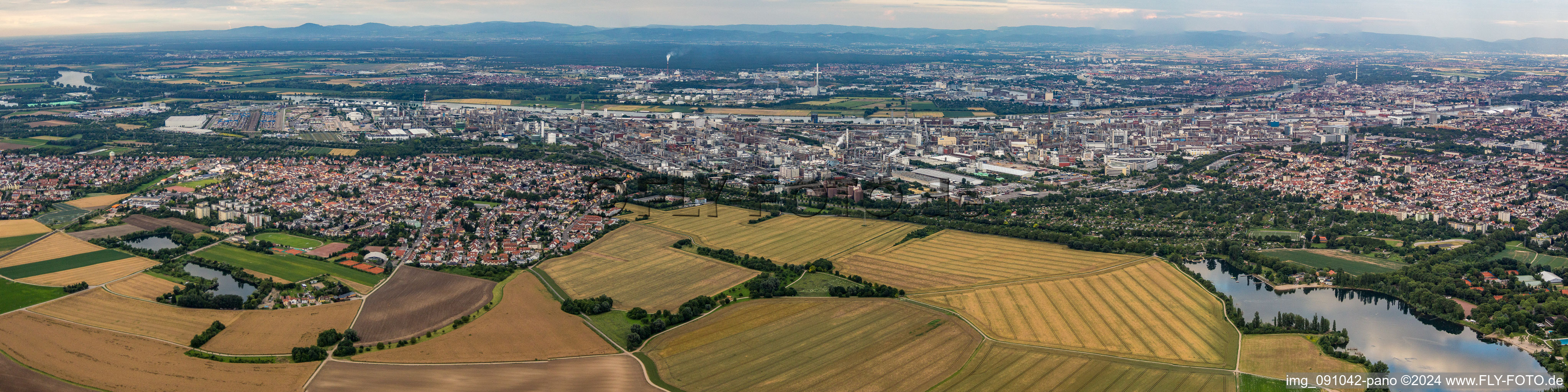 Vue aérienne de Panorama - perspective des locaux de l'usine du producteur chimique BASF en arrière-plan des quartiers Oppau et Friesenheim à le quartier Oppau in Ludwigshafen am Rhein dans le département Rhénanie-Palatinat, Allemagne