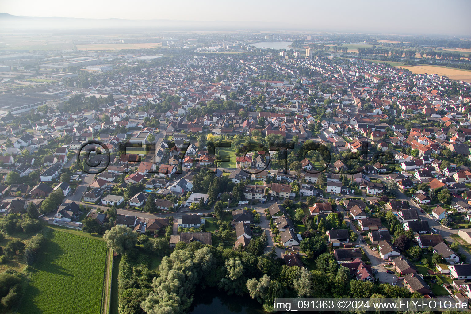 Vue d'oiseau de Biebesheim am Rhein dans le département Hesse, Allemagne