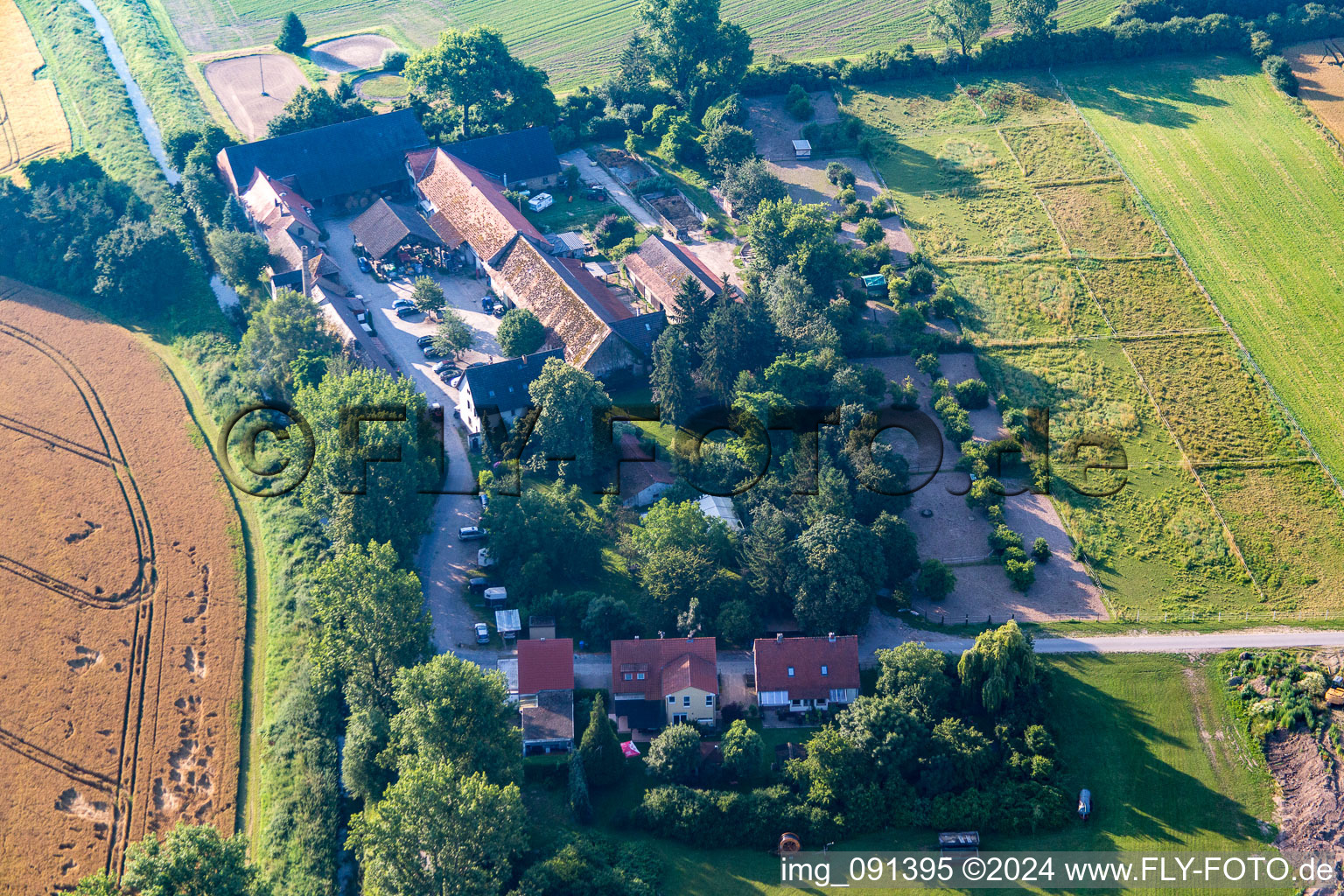 Vue aérienne de Hof Riedenbruch à le quartier Allmendfeld in Gernsheim dans le département Hesse, Allemagne