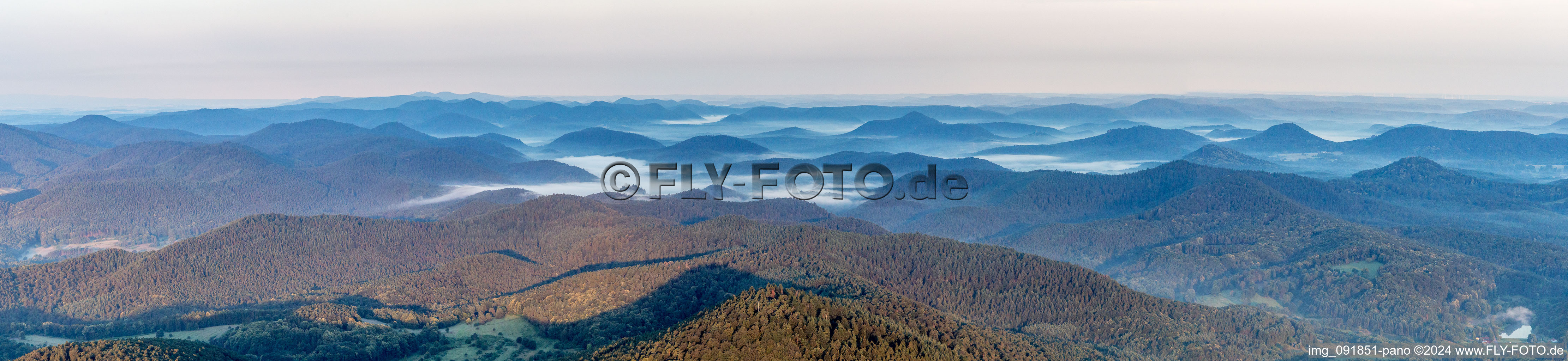 Vue aérienne de Panorama - perspective de la forêt et du paysage montagneux de la forêt du Palatinat avec des vallées dans la brume matinale à Dahn dans le département Rhénanie-Palatinat, Allemagne