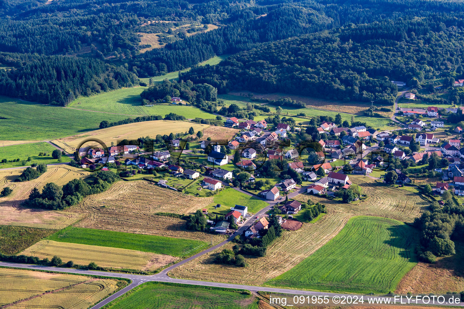 Vue aérienne de Champs agricoles et surfaces utilisables à le quartier Reitscheid in Freisen dans le département Sarre, Allemagne