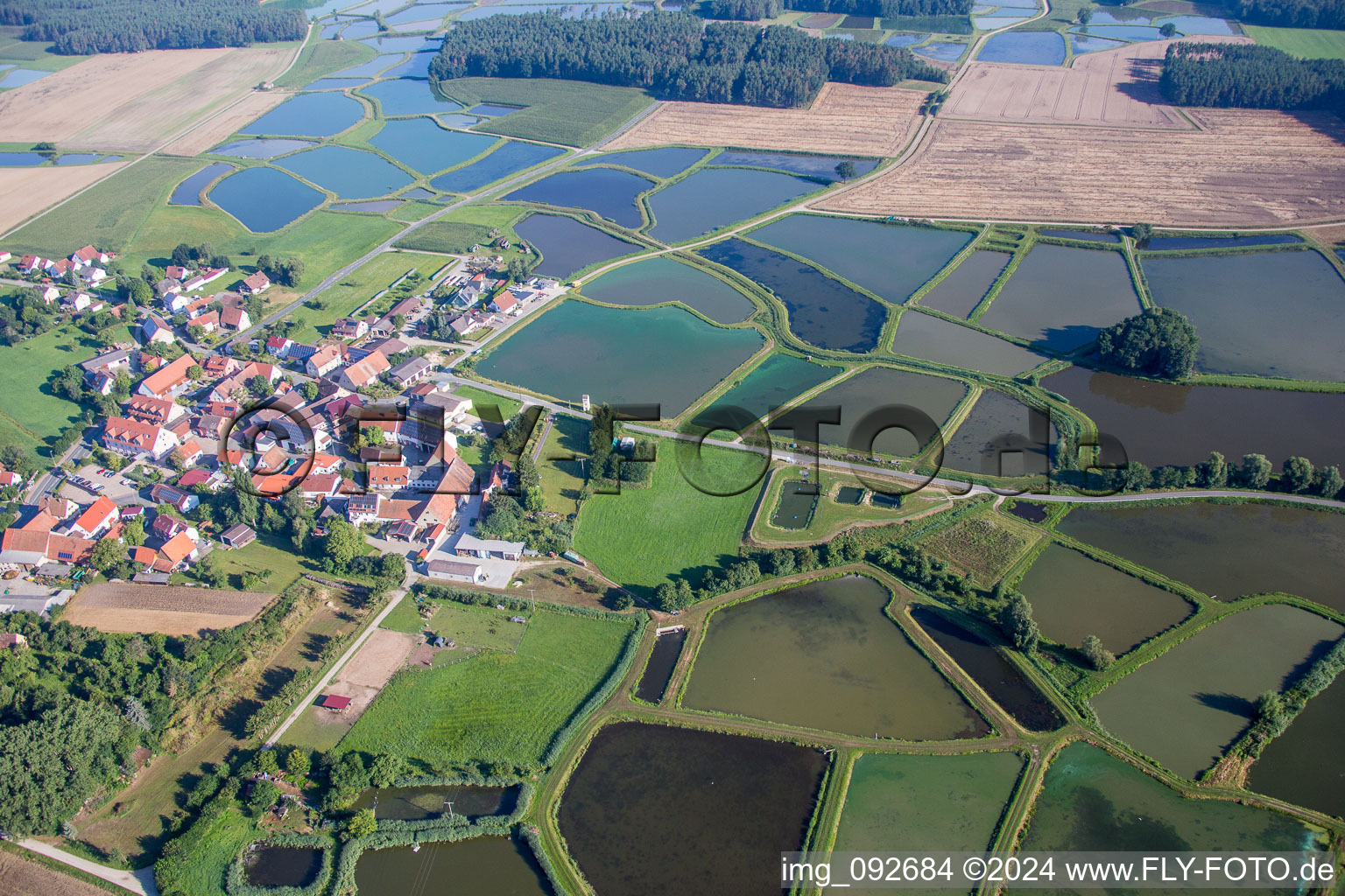 Vue aérienne de Systèmes d'étangs pour la pisciculture Étangs d'élevage de carpes de Franconie à Oberlindach près d'Erlangen à le quartier Oberlindach in Weisendorf dans le département Bavière, Allemagne