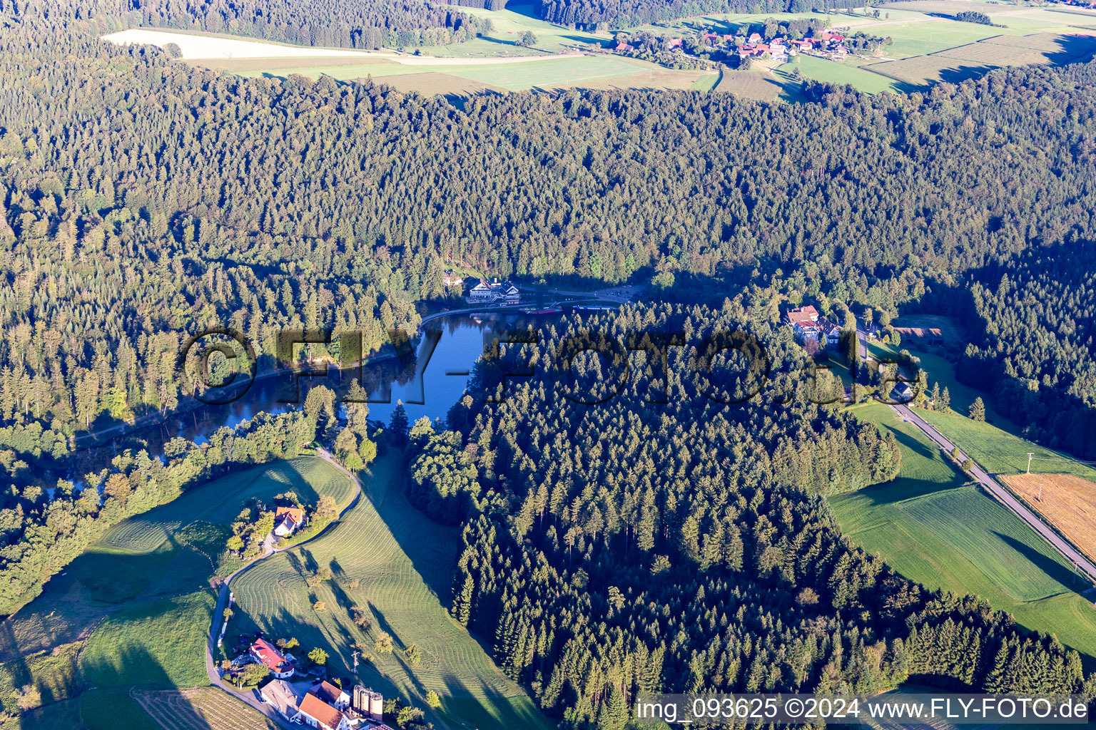 Vue aérienne de Zones riveraines boisées de la région du lac Ebnisee à le quartier Ebni in Kaisersbach dans le département Bade-Wurtemberg, Allemagne