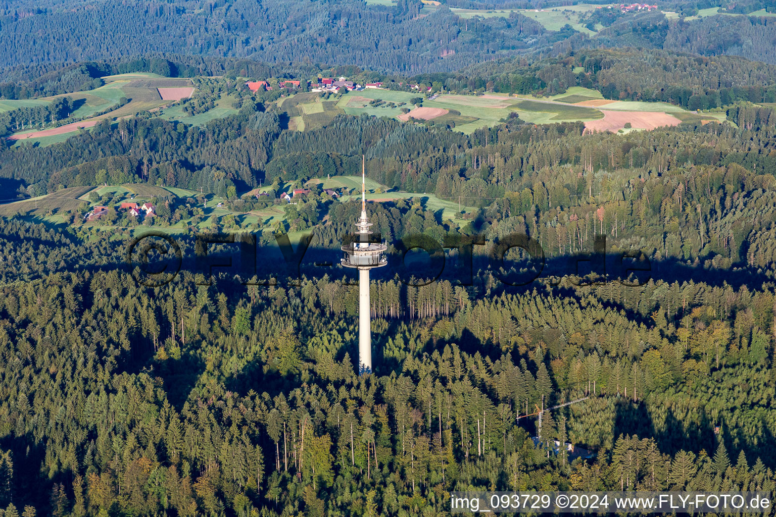 Vue aérienne de Tour de communication dans la forêt à le quartier Grab in Großerlach dans le département Bade-Wurtemberg, Allemagne