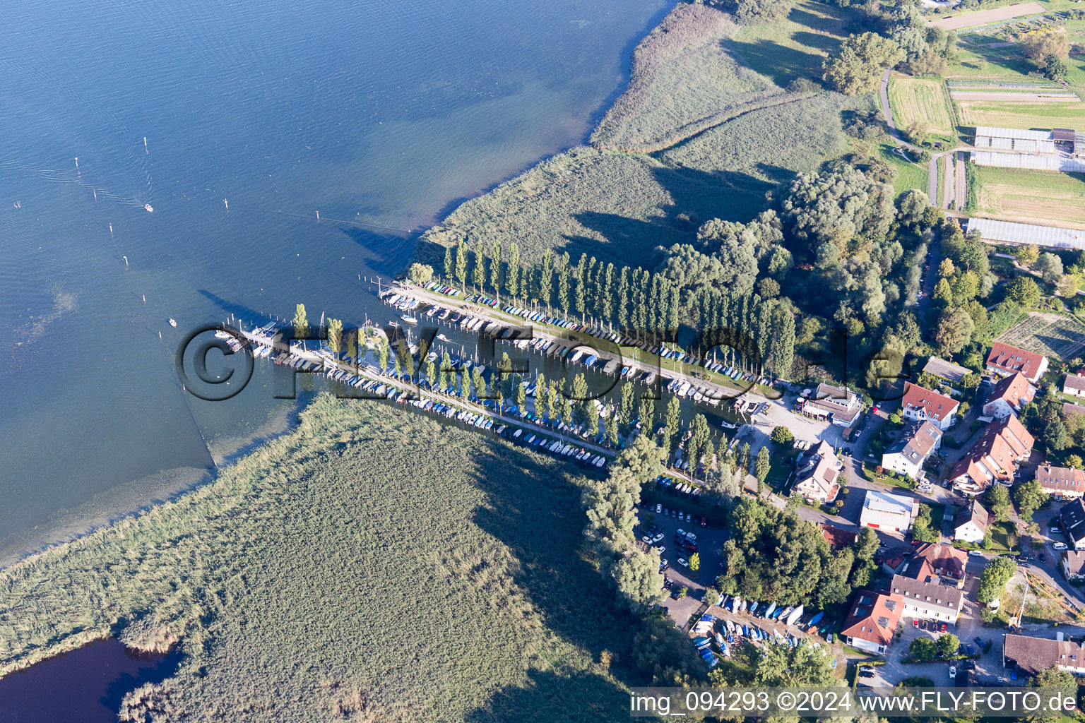 Vue aérienne de Marina du club de voile Moos eV avec amarres pour bateaux de sport et amarres pour bateaux au bord du lac de Constance à Moos dans le département Bade-Wurtemberg, Allemagne