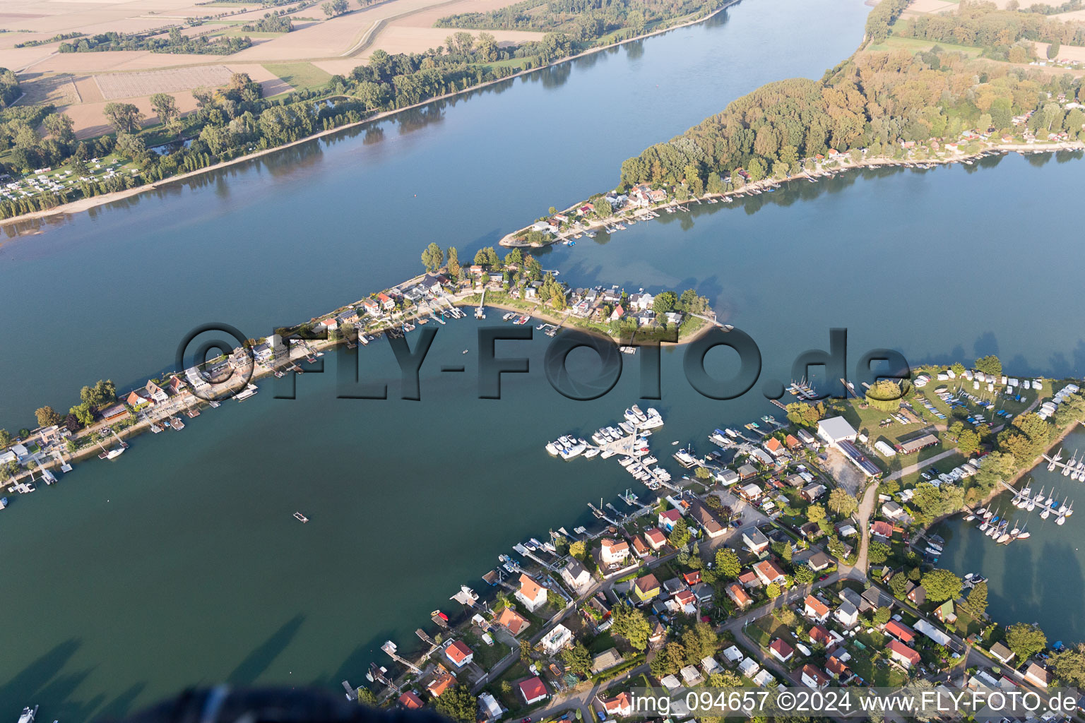 Vue aérienne de Zone des maisons de week-end et zones riveraines de l'Eicher See sur le Rhin dans le district d'Eicher See à Eich dans le département Rhénanie-Palatinat, Allemagne