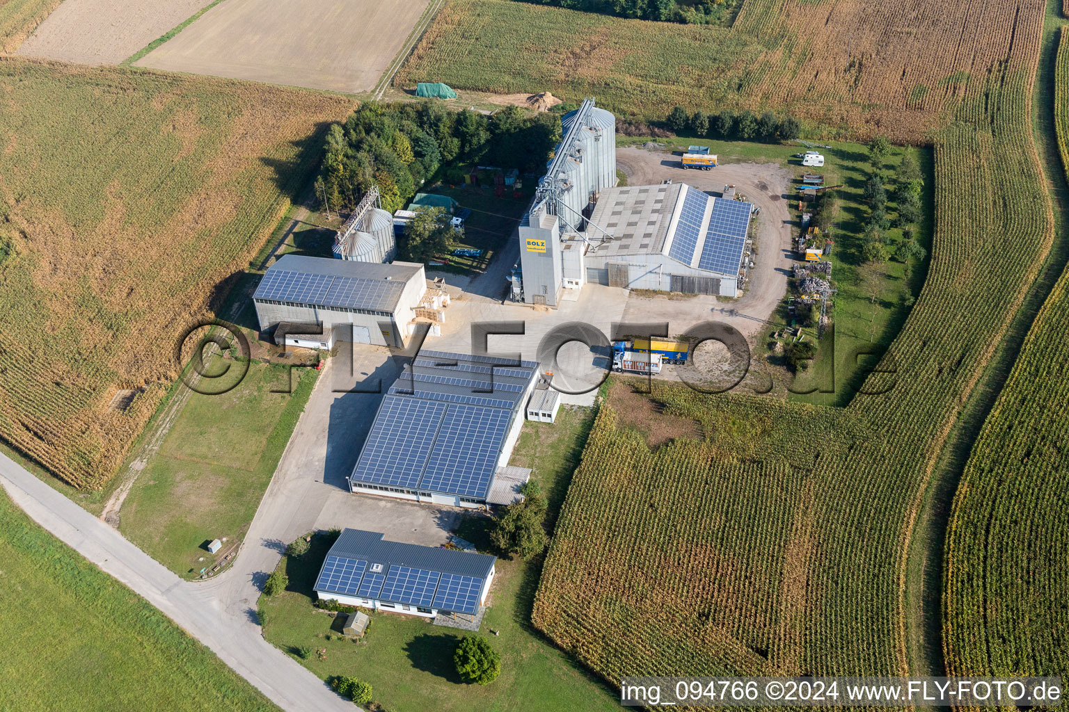 Vue aérienne de Propriété d'une ferme de Bolz Landhandel GmbH dans le quartier Liedolsheim de Dettenheim à Liedolsheim dans le département Bade-Wurtemberg, Allemagne