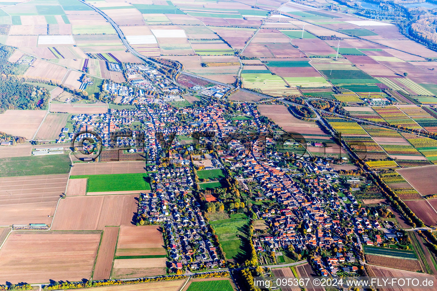 Vue aérienne de Vue des rues et des maisons des quartiers résidentiels à Schwegenheim dans le département Rhénanie-Palatinat, Allemagne