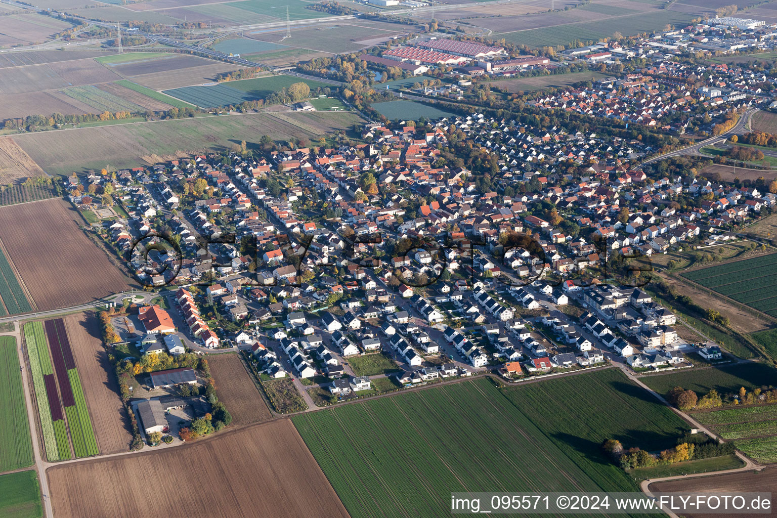 Vue aérienne de Vue des rues et des maisons des quartiers résidentiels à le quartier Schauernheim in Dannstadt-Schauernheim dans le département Rhénanie-Palatinat, Allemagne