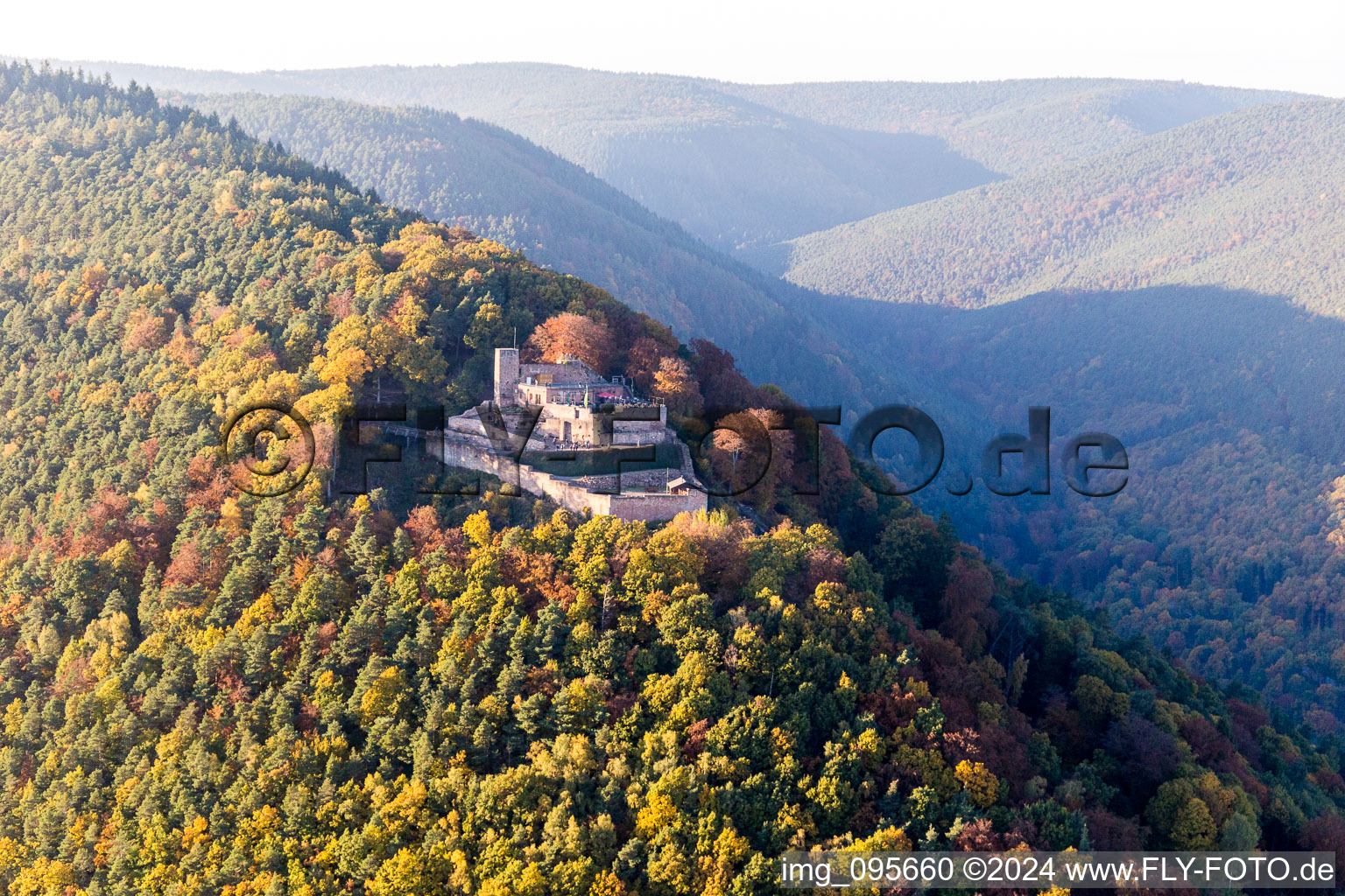 Vue aérienne de Ruines et vestiges des murs de l'ancien complexe du château de Rietburg à le quartier Rhodt in Rhodt unter Rietburg dans le département Rhénanie-Palatinat, Allemagne