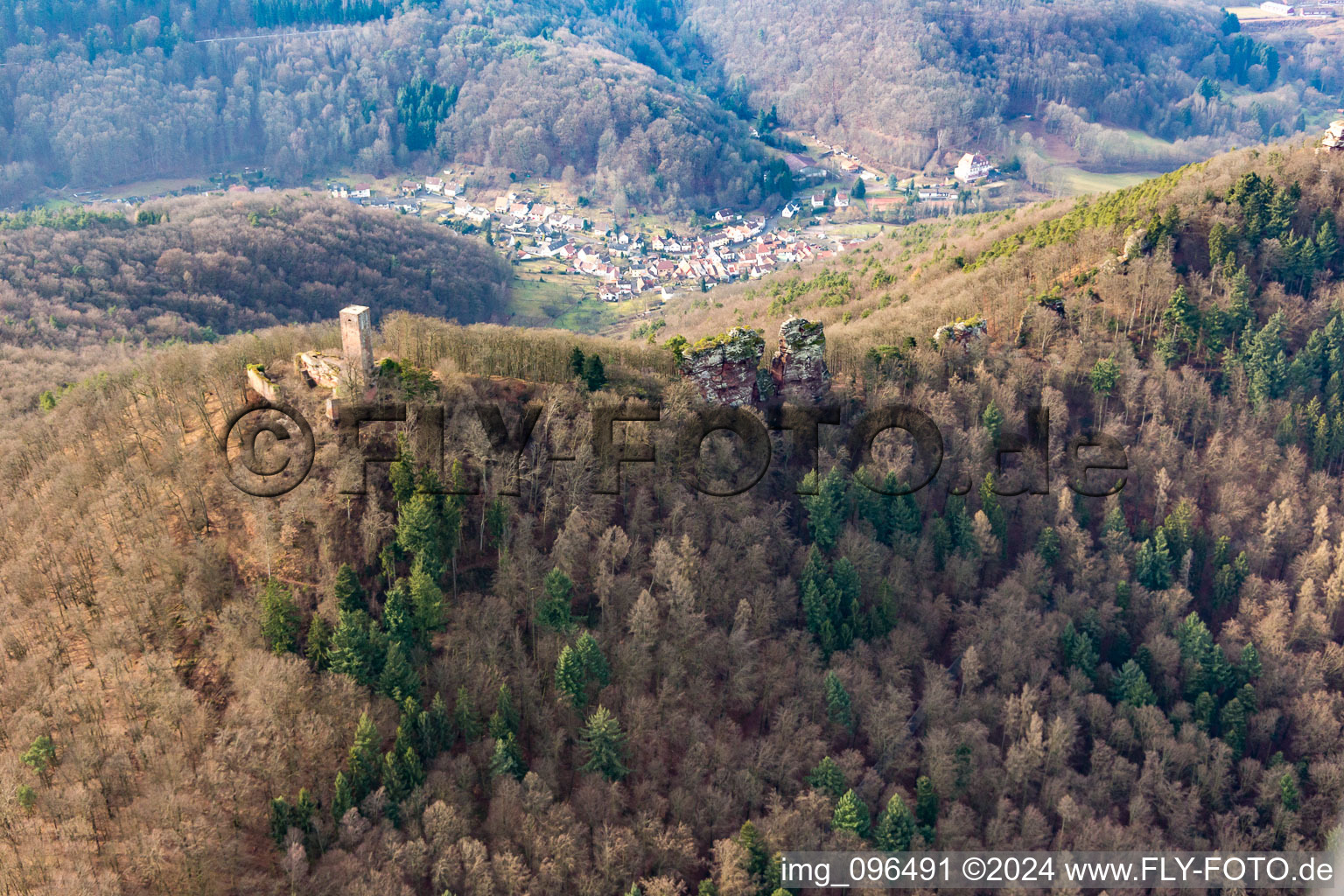 Photographie aérienne de Ruines du château Anebos Jungturm et Scharfenberg à Leinsweiler dans le département Rhénanie-Palatinat, Allemagne