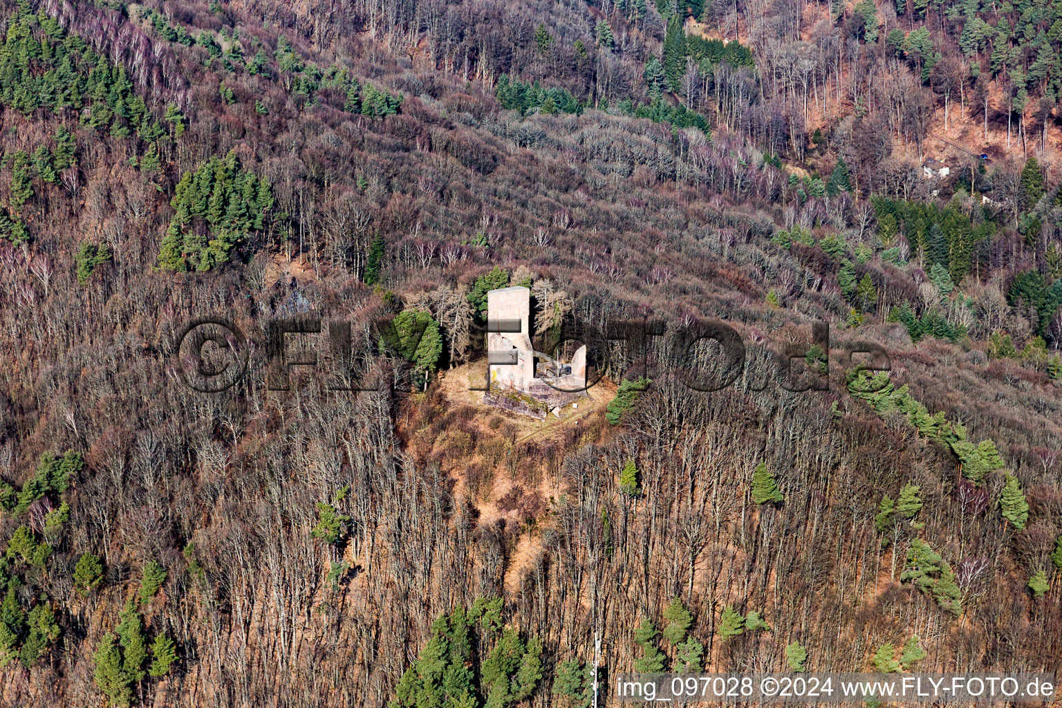 Vue aérienne de Ruines et vestiges des murs de l'ancien complexe du château de Ramburg à Ramberg dans le département Rhénanie-Palatinat, Allemagne