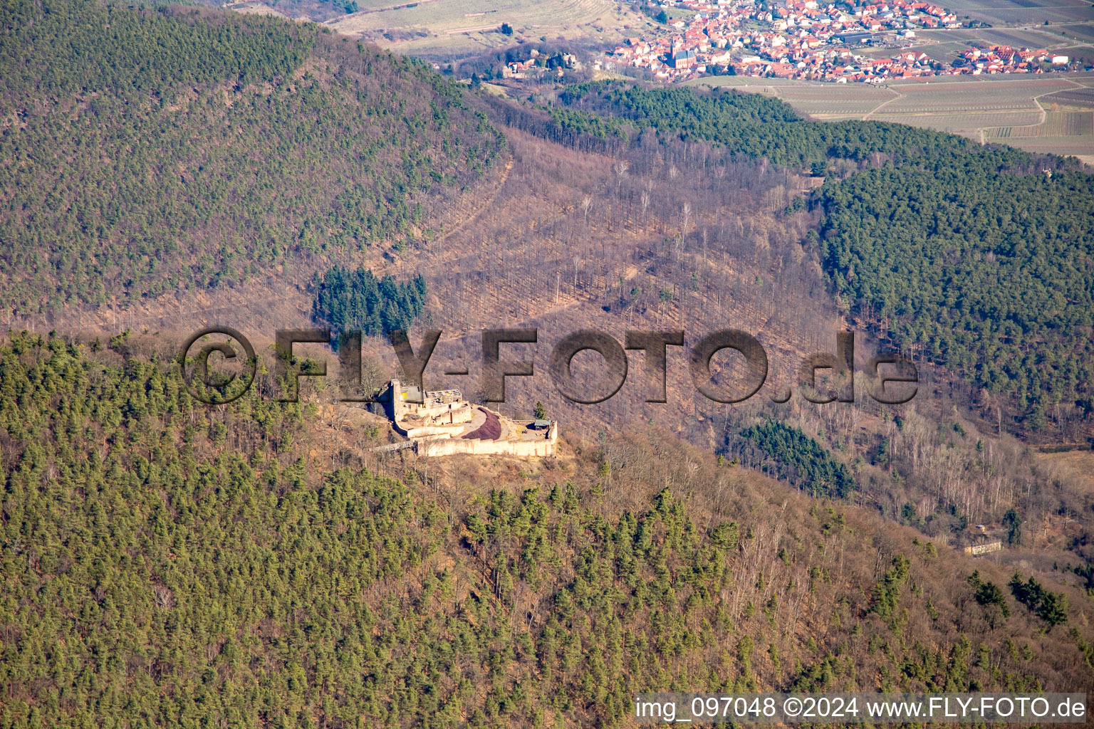 Vue d'oiseau de Rietbourg à Rhodt unter Rietburg dans le département Rhénanie-Palatinat, Allemagne