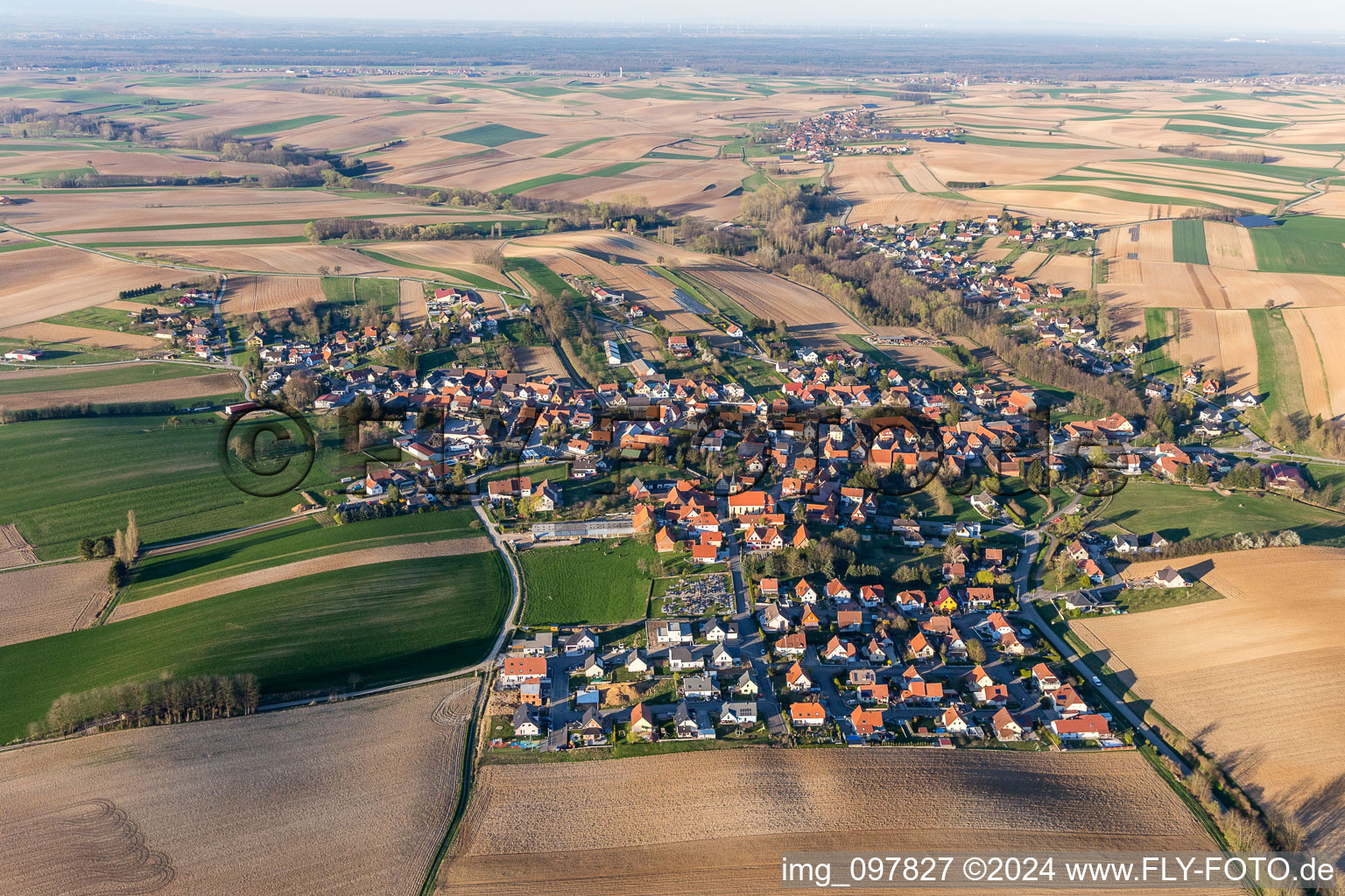 Vue aérienne de Champs agricoles et surfaces utilisables à Trimbach dans le département Bas Rhin, France