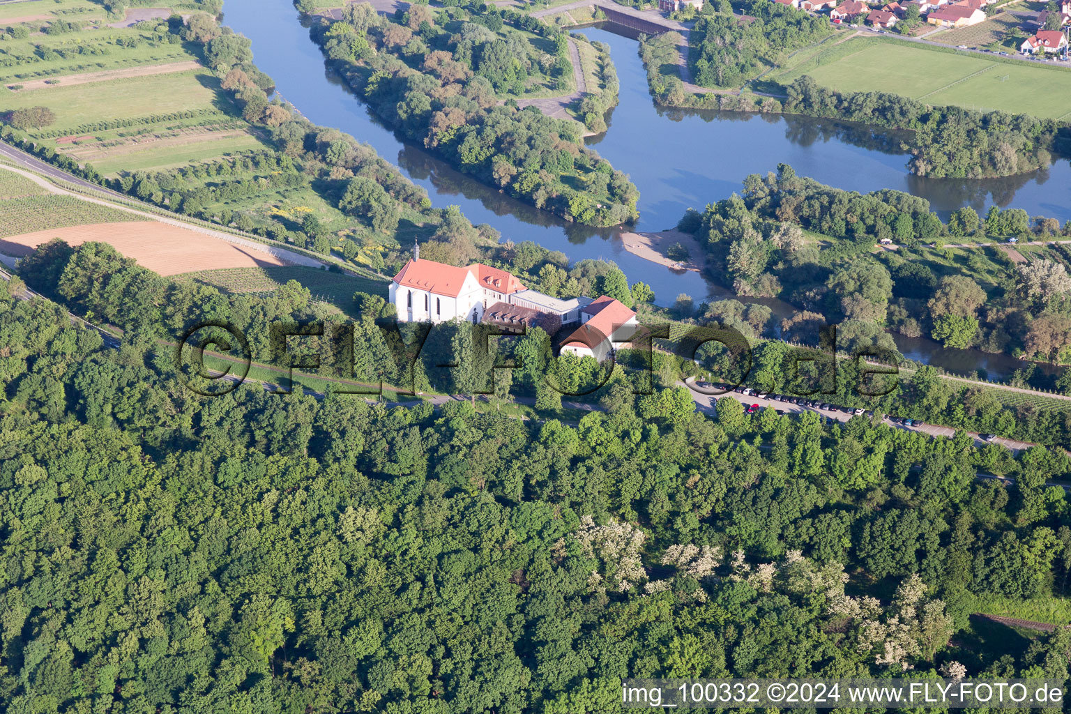 Vue aérienne de Pente principale du Vogelsburg et de l'église de Mariä Schutz à le quartier Escherndorf in Volkach dans le département Bavière, Allemagne