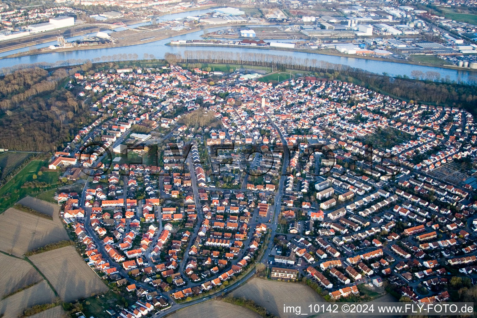 Photographie aérienne de Vue des rues et des maisons des quartiers résidentiels à Altrip dans le département Rhénanie-Palatinat, Allemagne