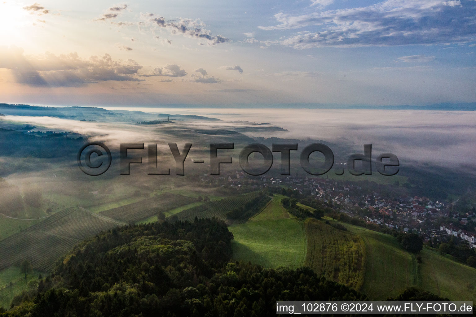 Vue aérienne de Sous la brume matinale à le quartier Stahringen in Radolfzell am Bodensee dans le département Bade-Wurtemberg, Allemagne