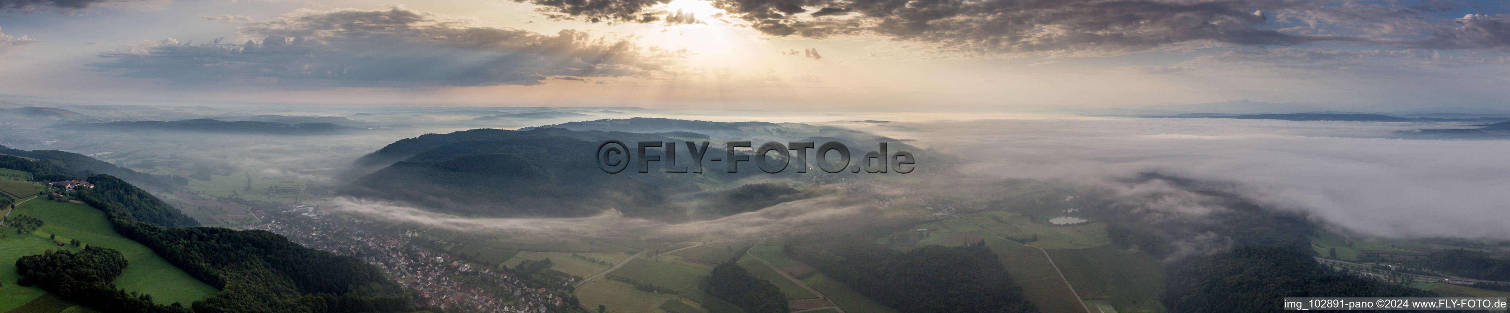 Vue aérienne de Vue panoramique au bord des champs devant le lac de Constance, enveloppée de brouillard tôt le matin à le quartier Stahringen in Radolfzell am Bodensee dans le département Bade-Wurtemberg, Allemagne