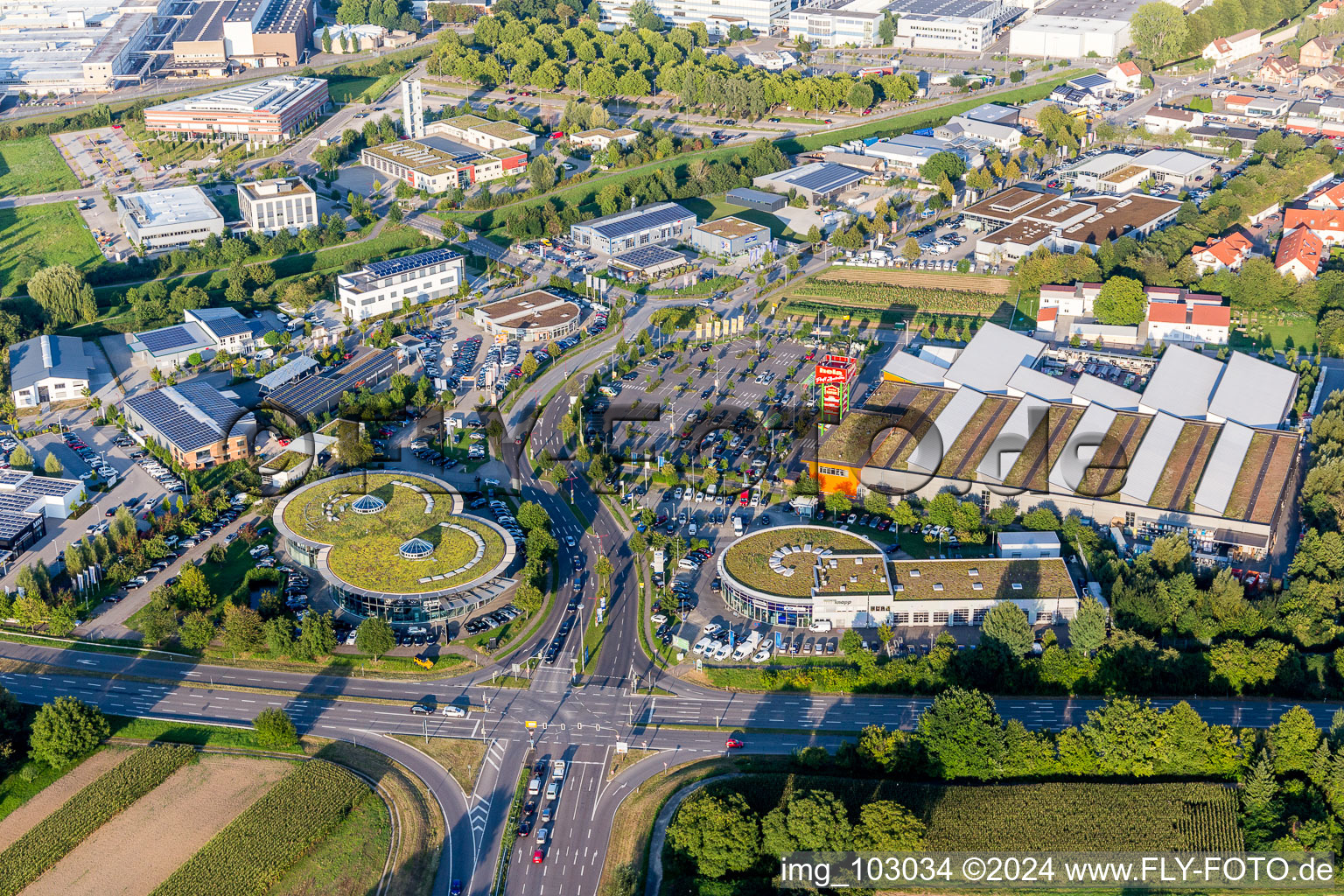 Vue aérienne de Bâtiment de concession automobile en forme de huit avec toit vert de la concession automobile Autohaus Ebert GmbH & Co. KG et Auto Knapp GmbH et Globus Baumarkt Weinheim à Weinheim dans le département Bade-Wurtemberg, Allemagne