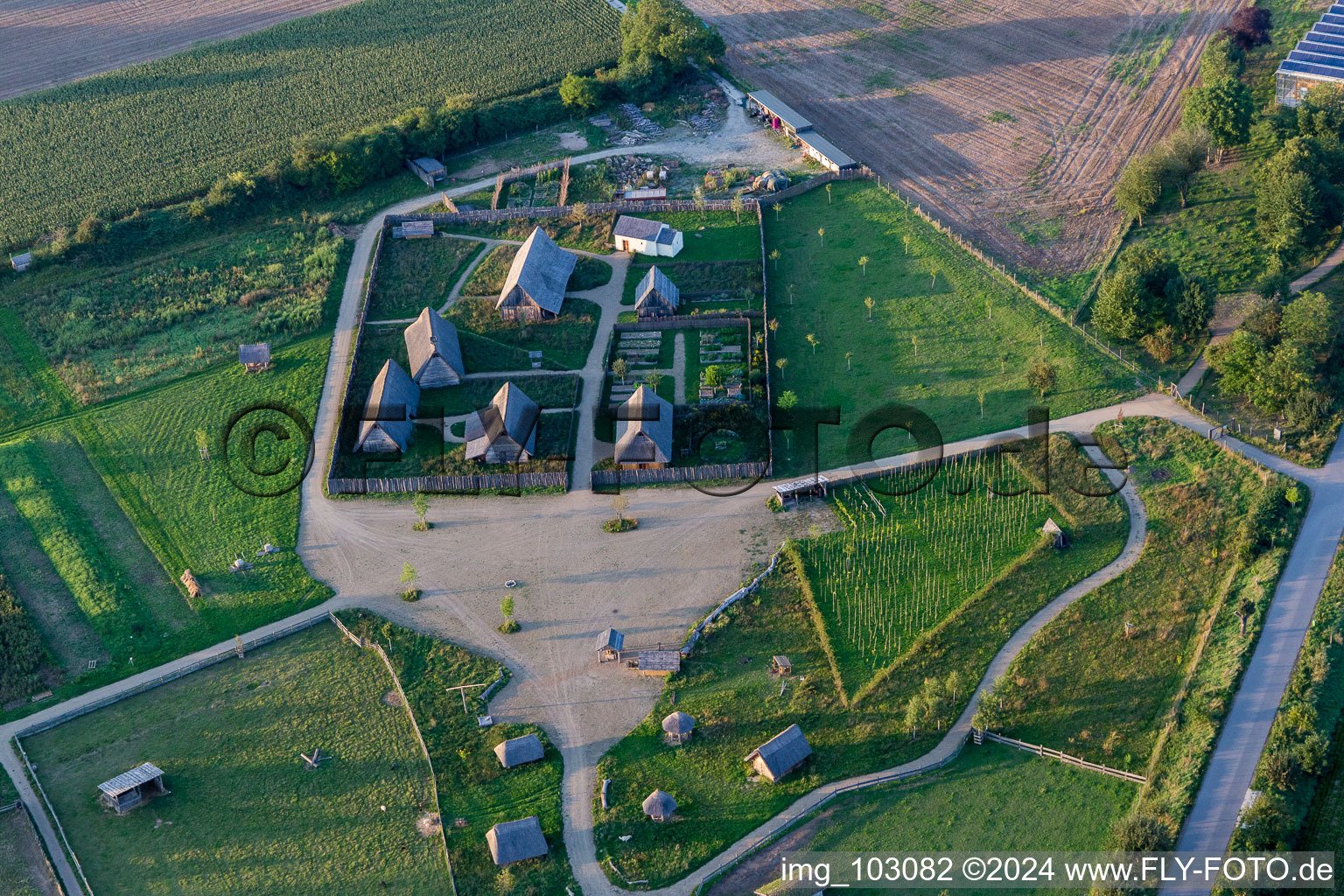 Vue aérienne de Ensemble de bâtiments de musée laboratoire en plein air Lauresham à Lorsch dans le département Hesse, Allemagne