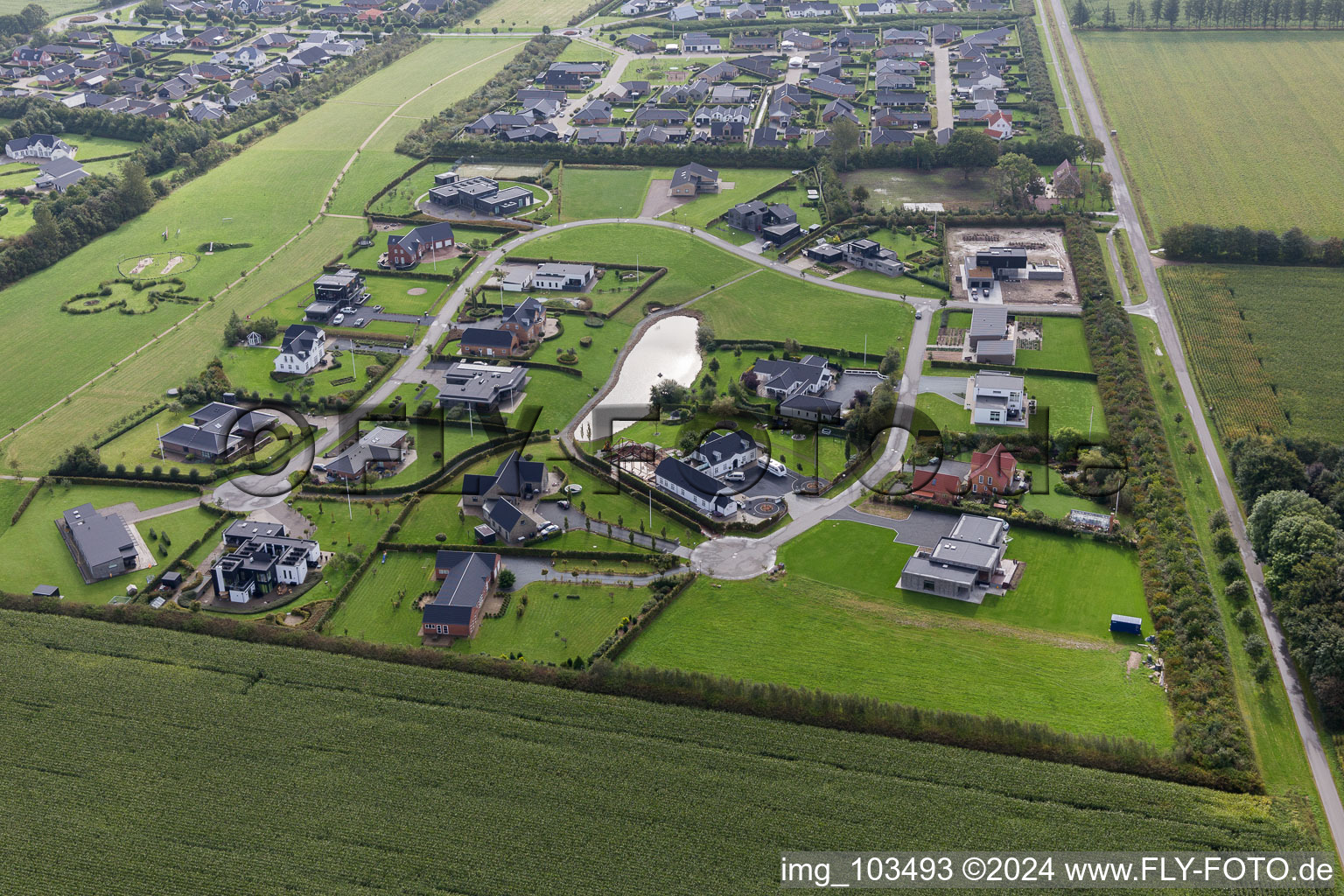 Vue aérienne de Villas de luxe dans le quartier résidentiel d'un lotissement de maisons unifamiliales dans le Jutland à Varde dans le département Syddanmark, Danemark