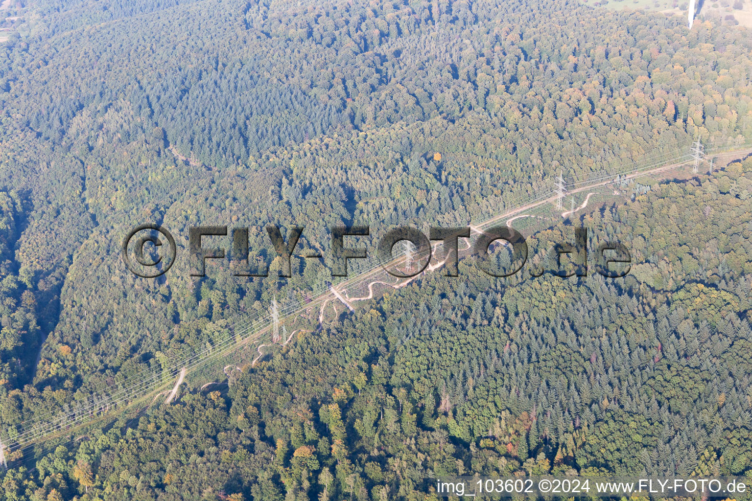 Vue aérienne de Sentier du pylône électrique à Ettlingen dans le département Bade-Wurtemberg, Allemagne