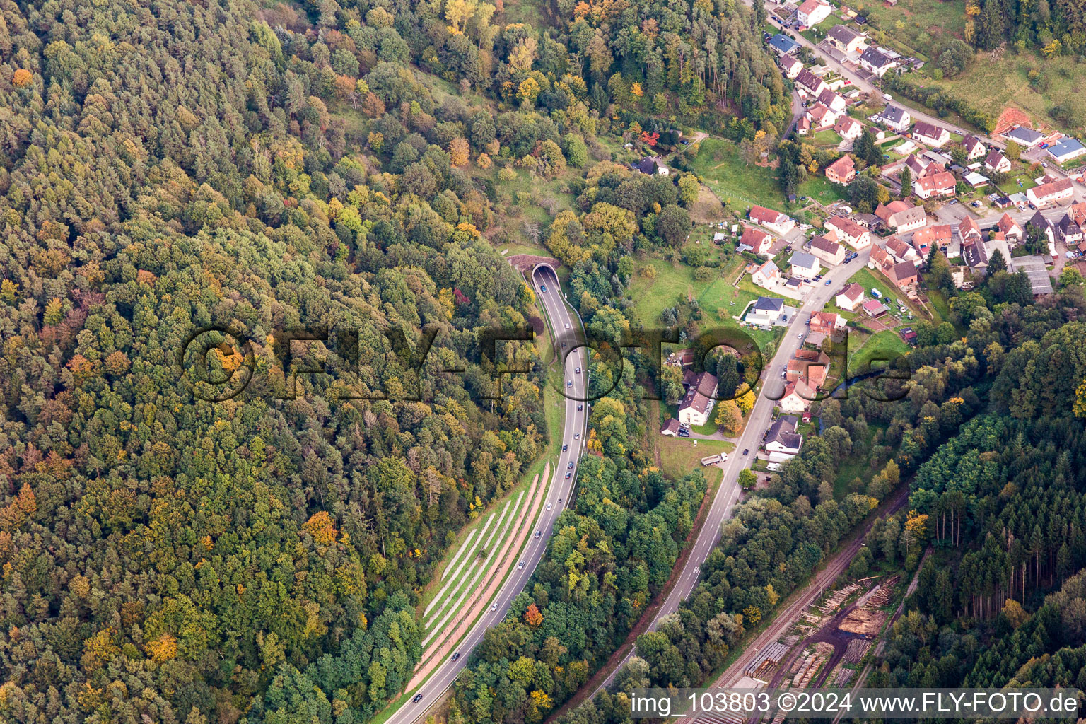 Vue aérienne de Entrée et sortie du tunnel B48 dans l'étroite vallée du Queich à Rinnthal dans le département Rhénanie-Palatinat, Allemagne